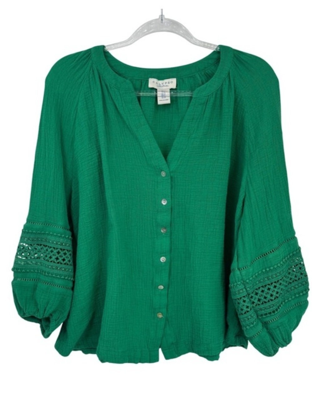 NWOT Calypso St Barth Green Cotton Gauze Crochet Lace Top, 1X Beachy